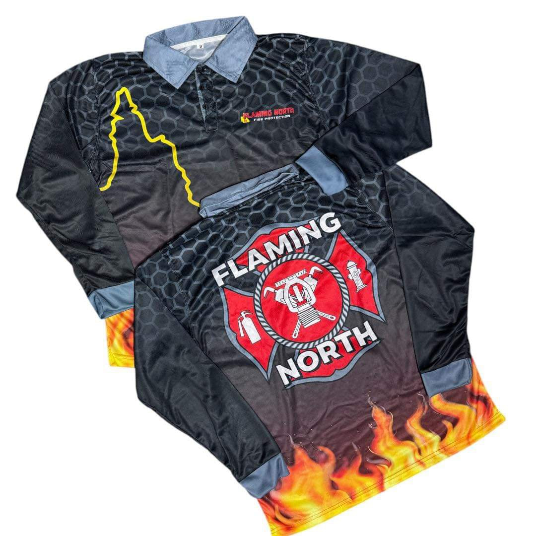 Long-sleeve fishing shirt with 'Flaming North' logo and flame design