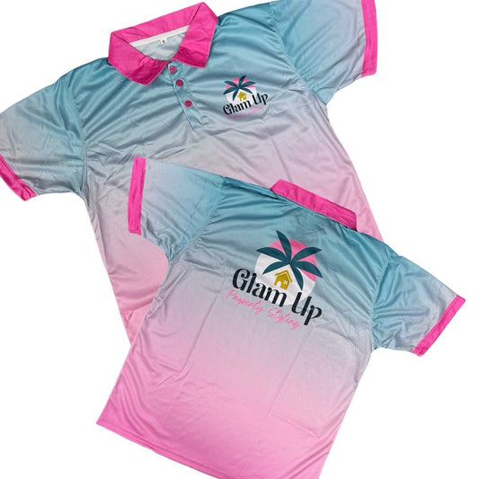 Two gradient polo shirts with 'Glam Up Property Styling' logo