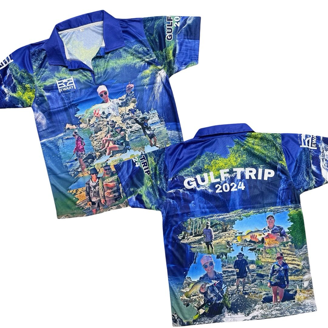 Blue fishing shirt with 'Gulf Trip 2024' and photos
