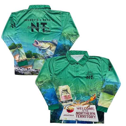 Green fishing shirt for Northern Territory trip and Great Northern Territory branding