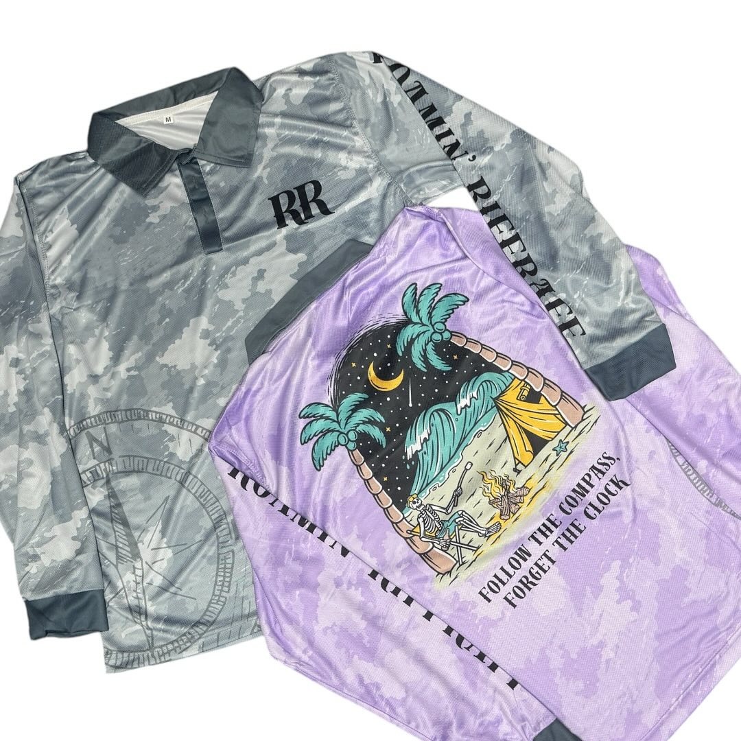 Roman' Riff Riff fishing shirts grey and purple, follow the compass forget the clock