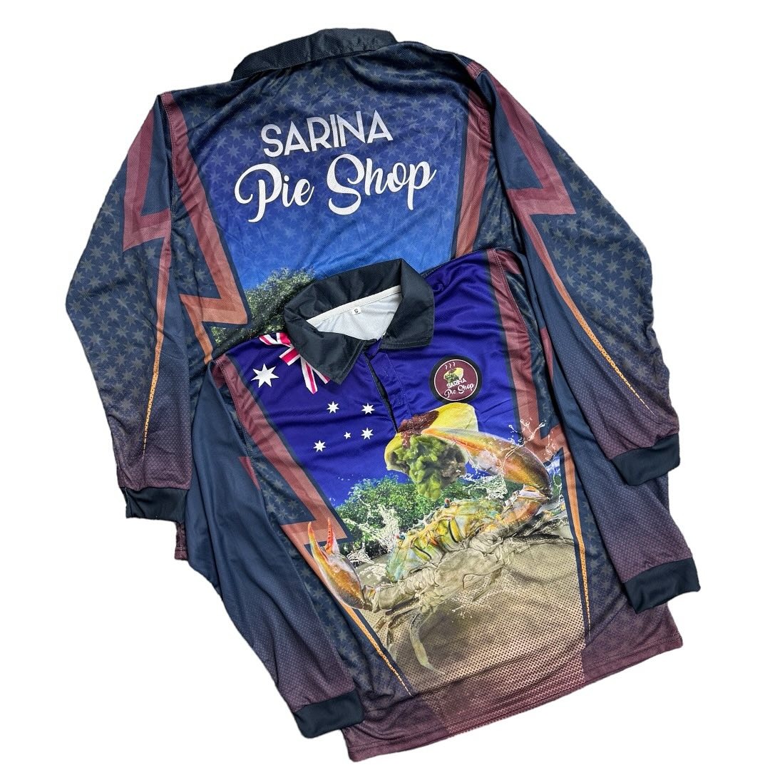 Fishing Shirt for 'Sarina Pie Shop' branding and Australian flag, crab, pie design