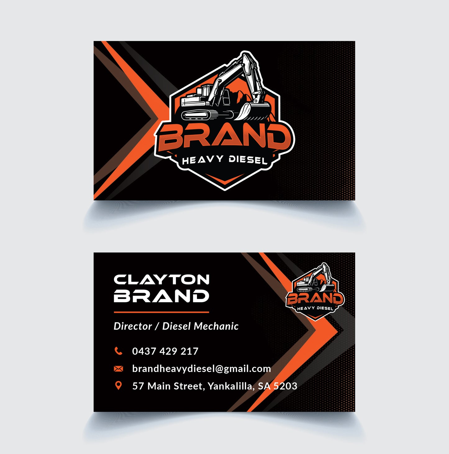 Business card design for Clayton Brand with 'Brand Heavy Diesel' logo on a black and orange background.