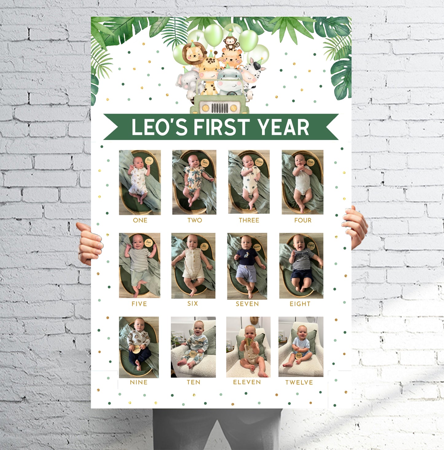 corflute titled 'Leo's First Year' with baby photos arranged in a grid