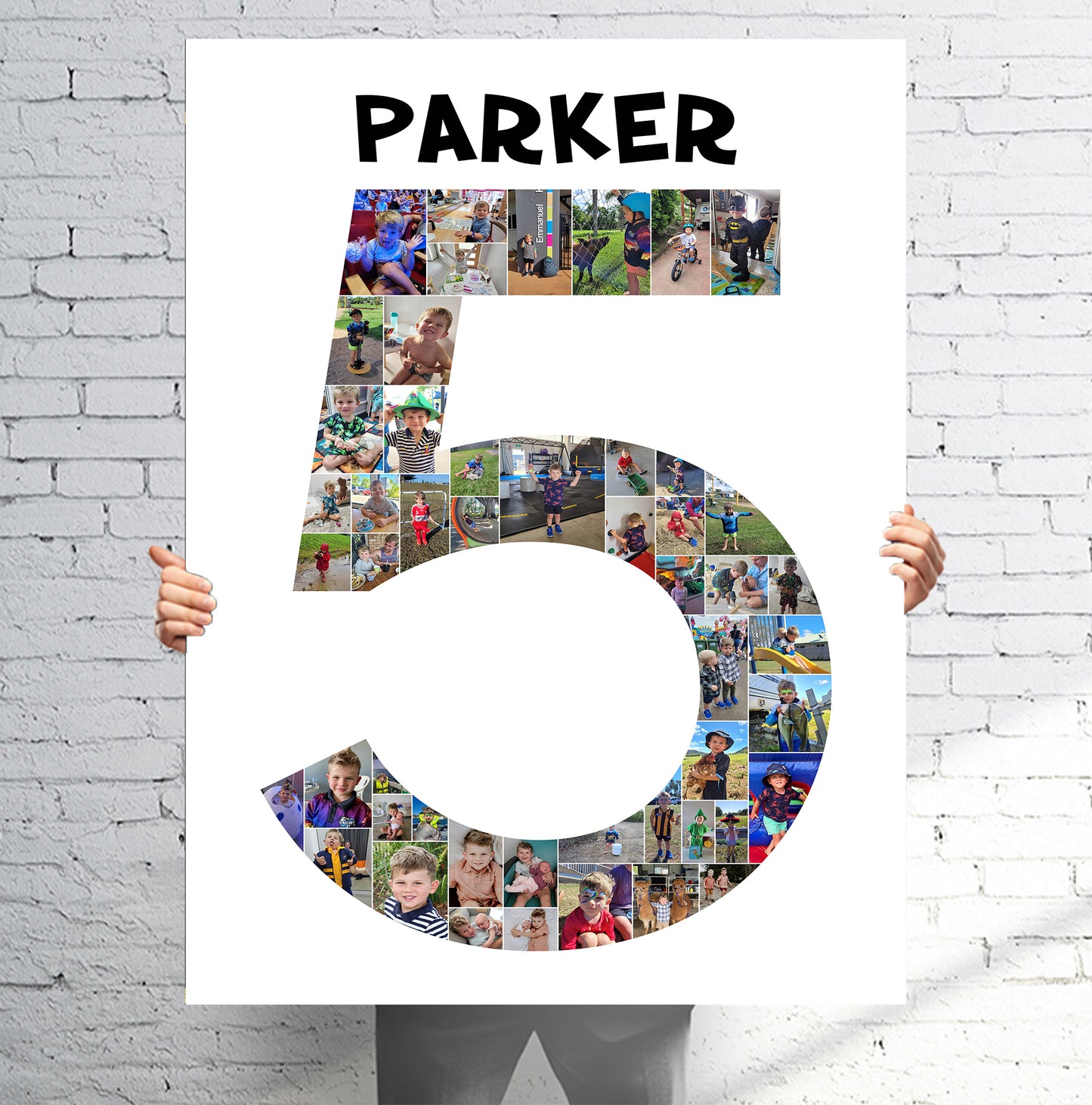 Collage of photos in the shape of the number '5' with the name 'Parker' above it printed on Corflute