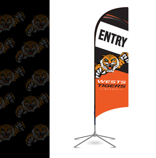Tall bow banner flag with Wests Tigers Mackay logo on a cross stand against a black background with tiger pattern