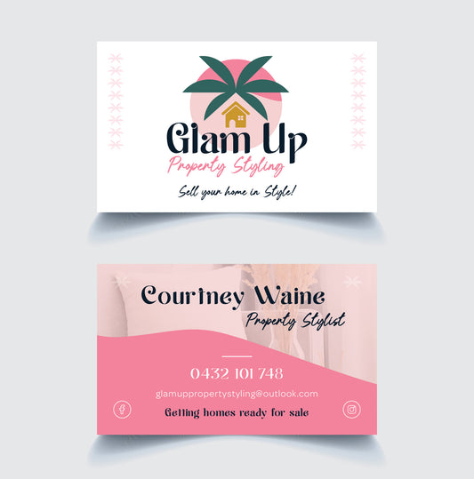 Glam Up Property Styling business card with palm tree design on a white background
