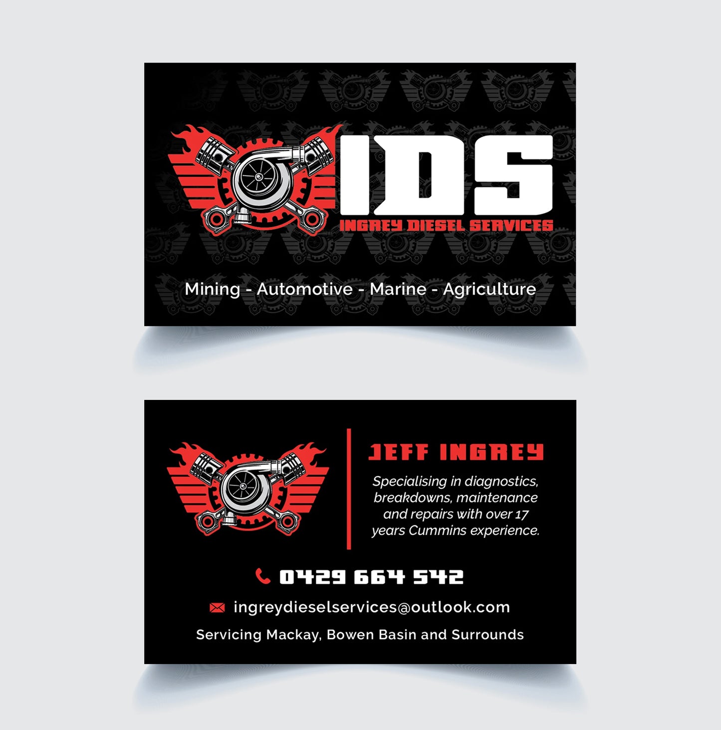 Business card design for Ingrey Diesel Services with logo and contact information.