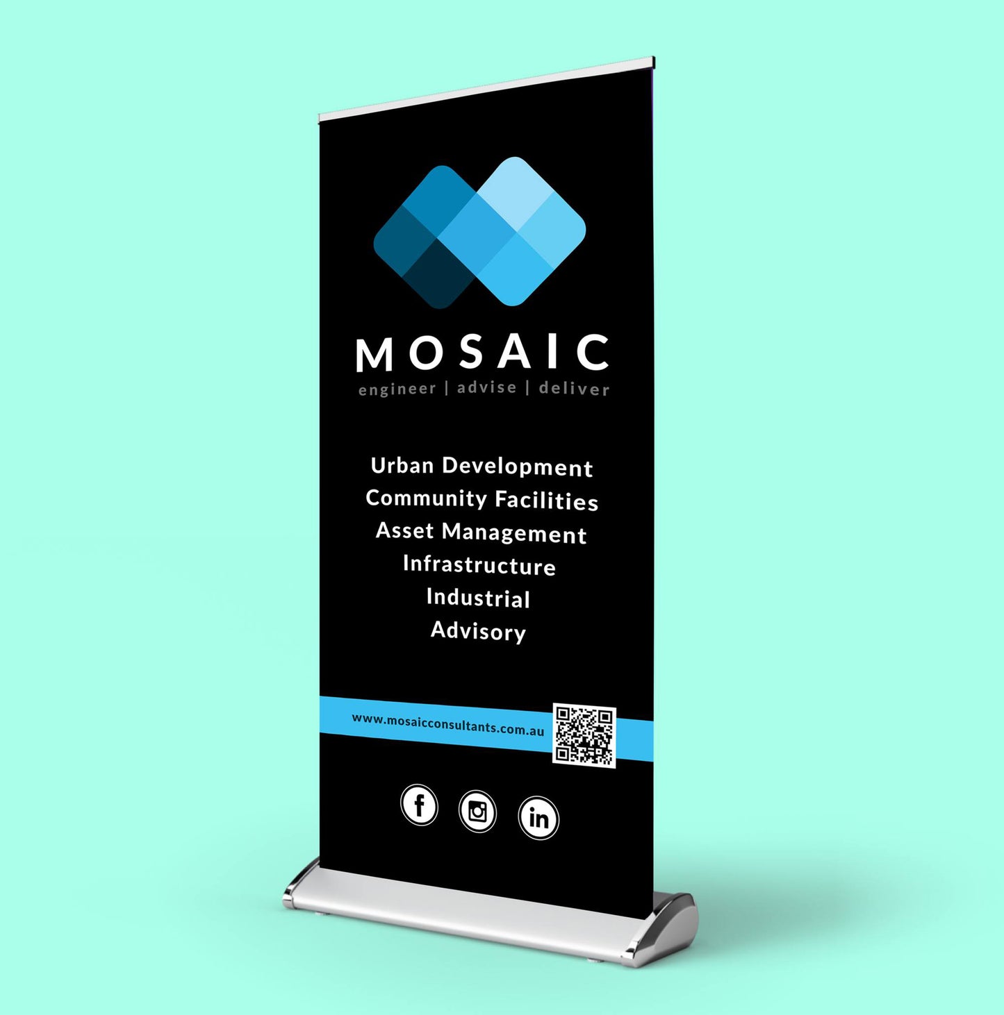 Mosaic banner stand with branding and services listed on a teal background
