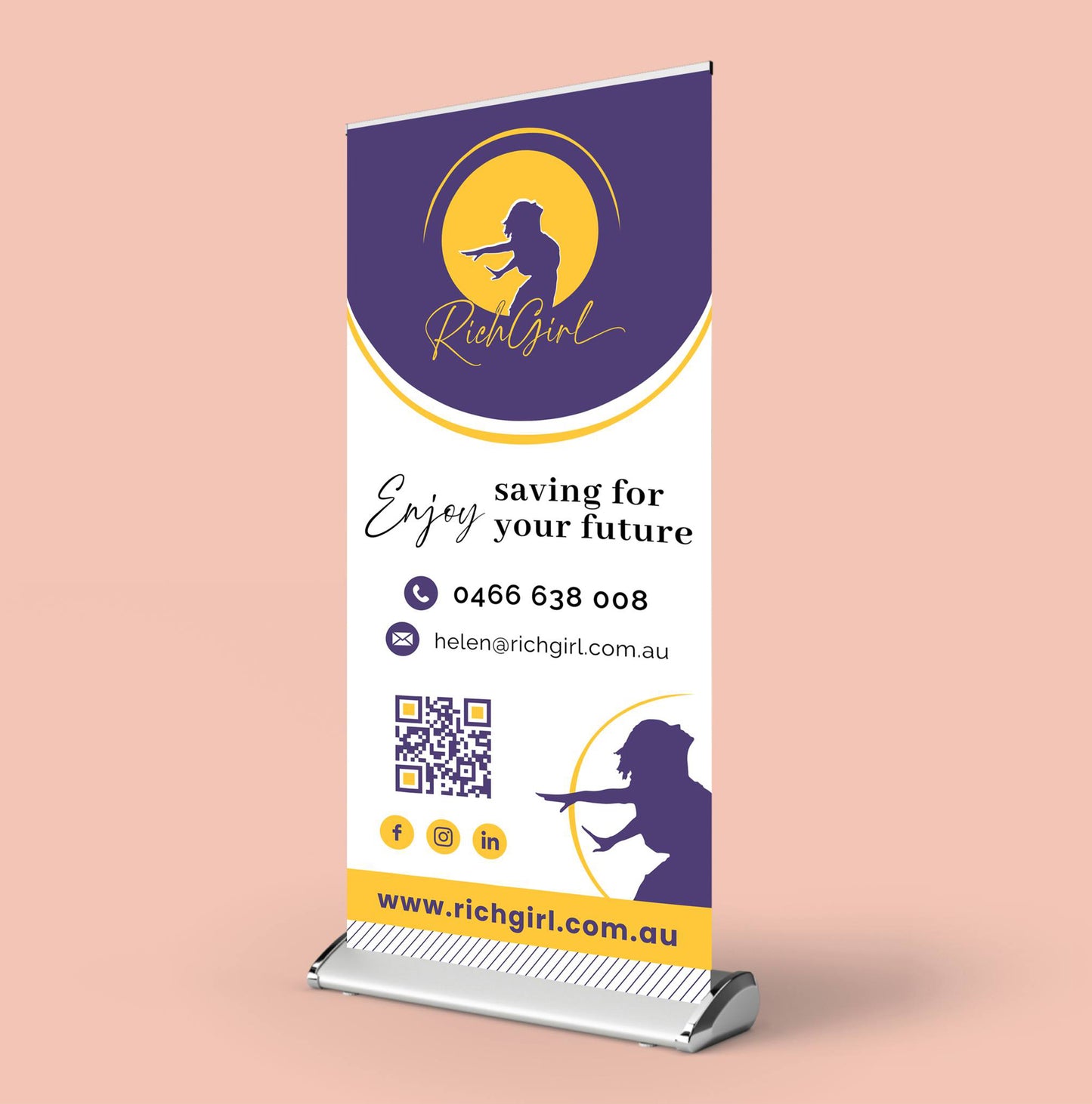 Roll-up banner for 'Rich Girl' with contact information on a pink background