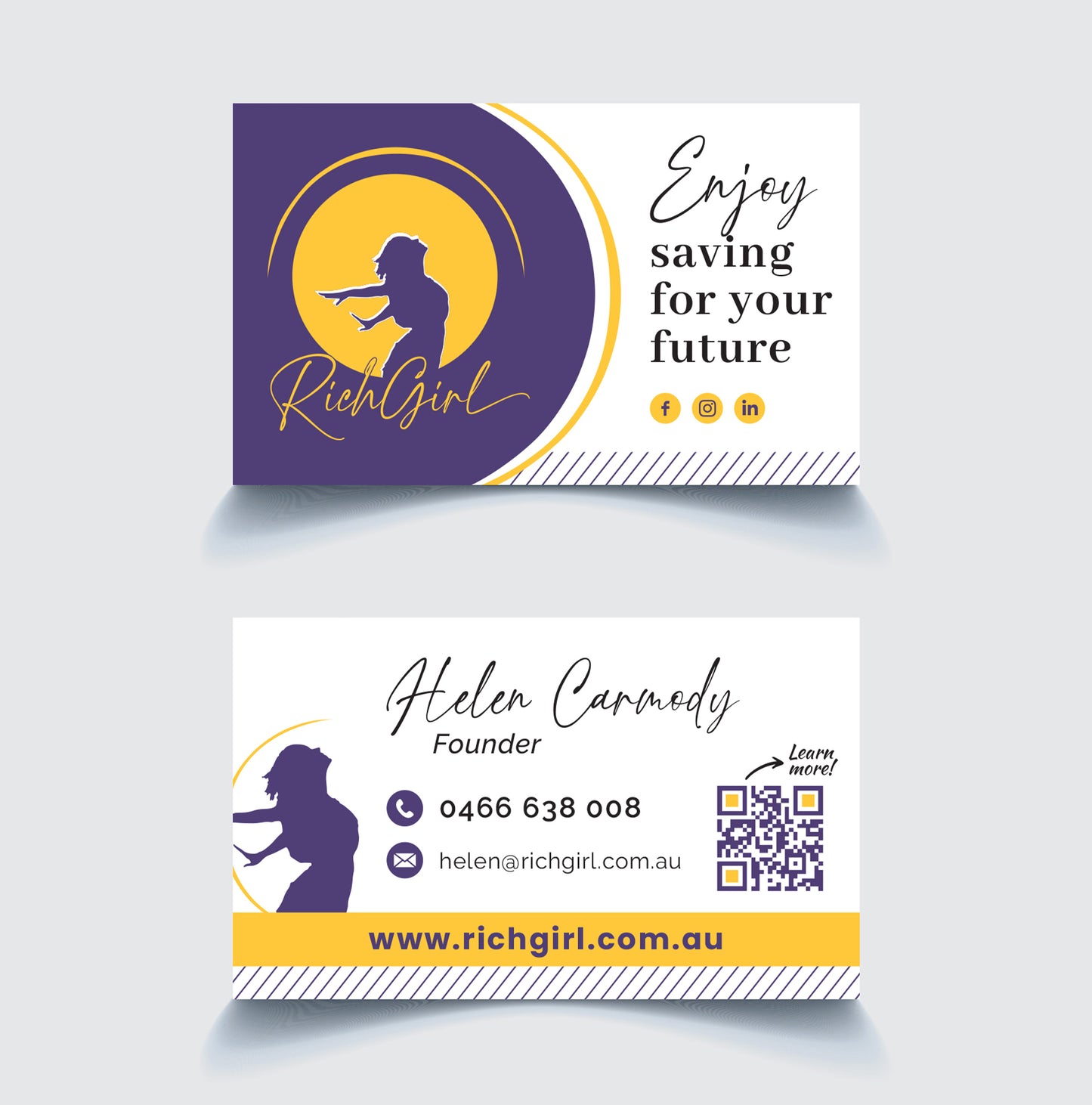 Business card design for 'RichGirl' with contact information and branding elements.