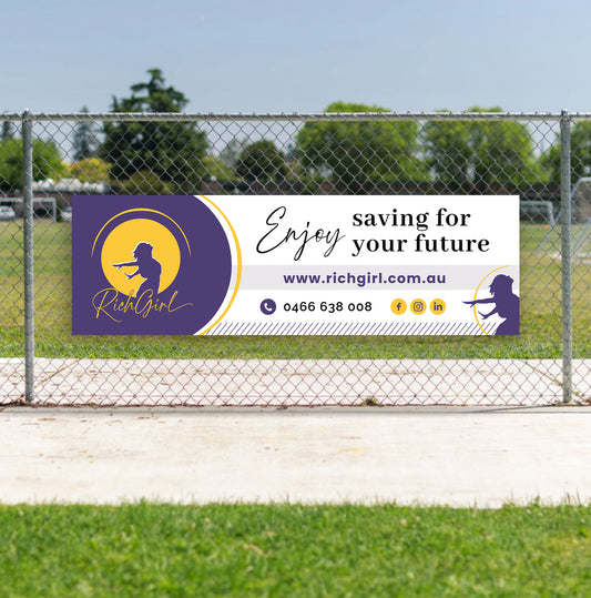 Promotional banner for 'Rich Girl' on a chain-link fence with grass and trees in the background.