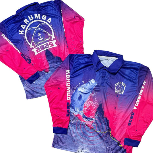 Pink and blue Fishing shirts with 'Karumba Queensland' details for fishing trip