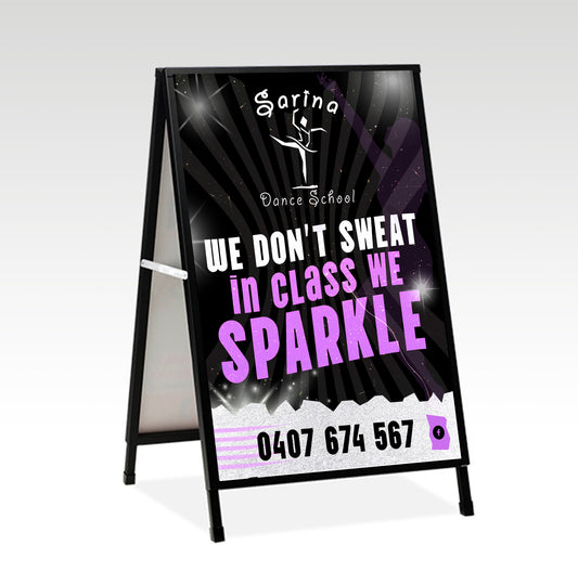A-frame sign for Darina Dance School with motivational quote and contact information.