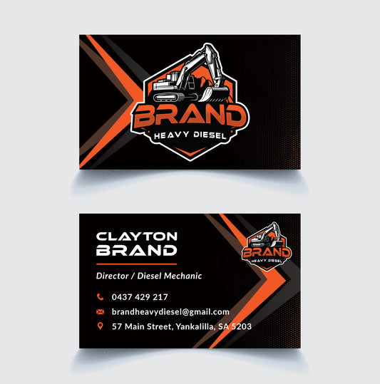 Business card design for Clayton Brand with 'Brand Heavy Diesel' logo on a black and orange background.