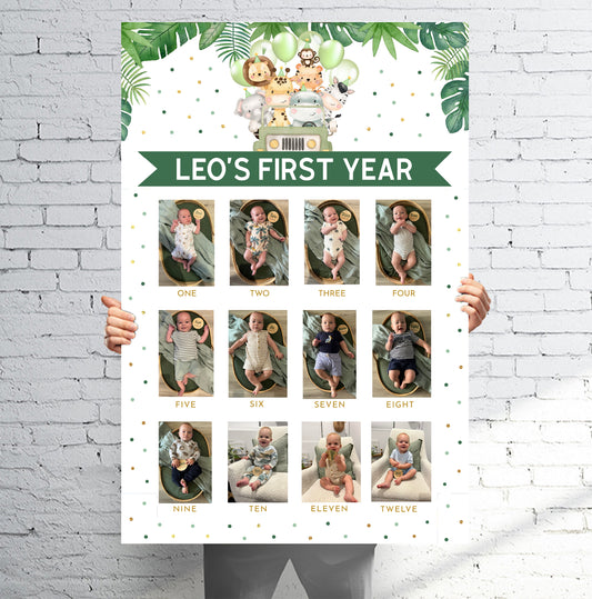 corflute titled 'Leo's First Year' with baby photos arranged in a grid