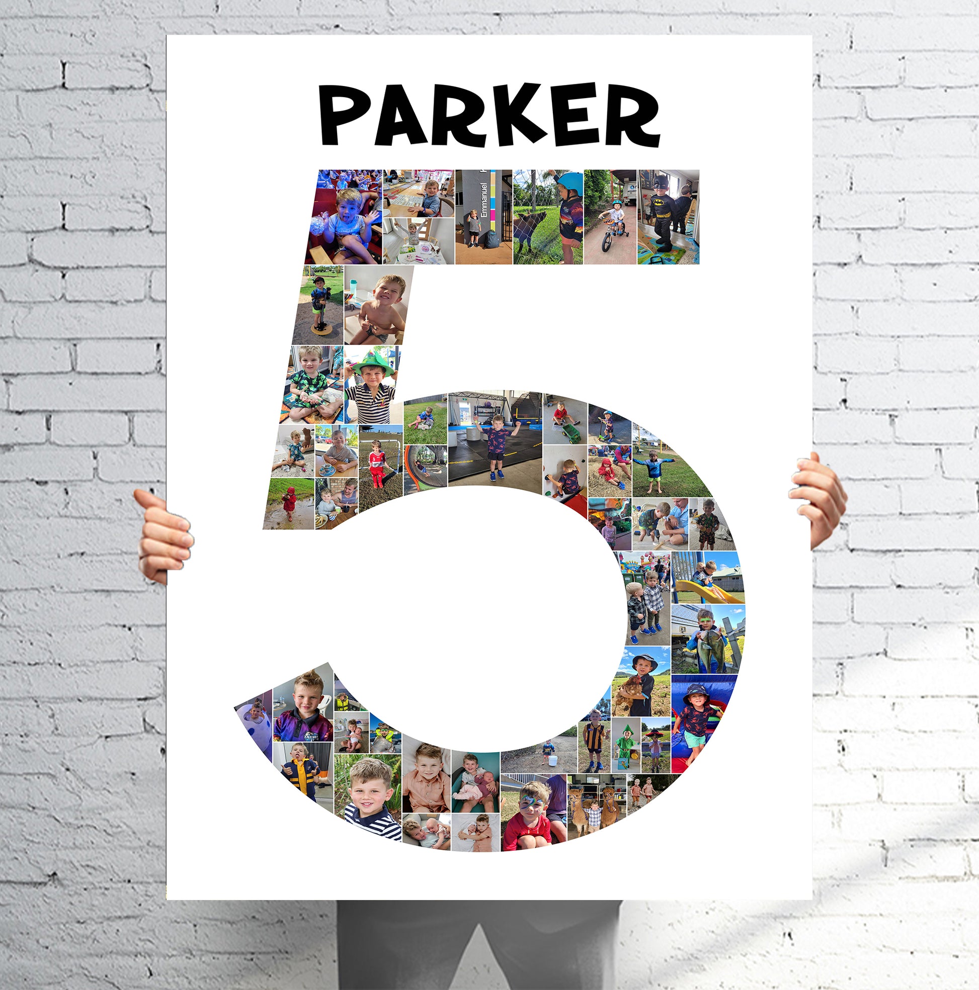Collage of photos in the shape of the number '5' with the name 'Parker' above it printed on Corflute