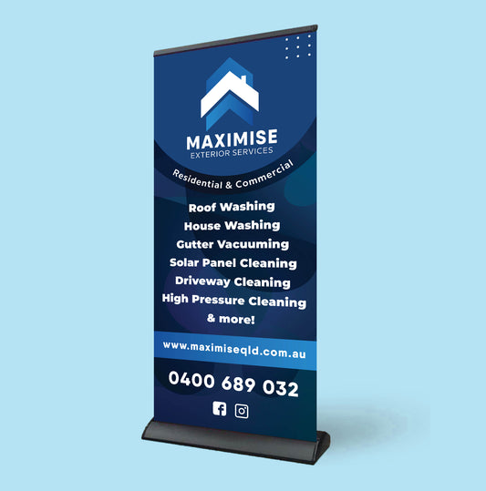 Roll-up banner for Maximise Exterior Services on a light blue background