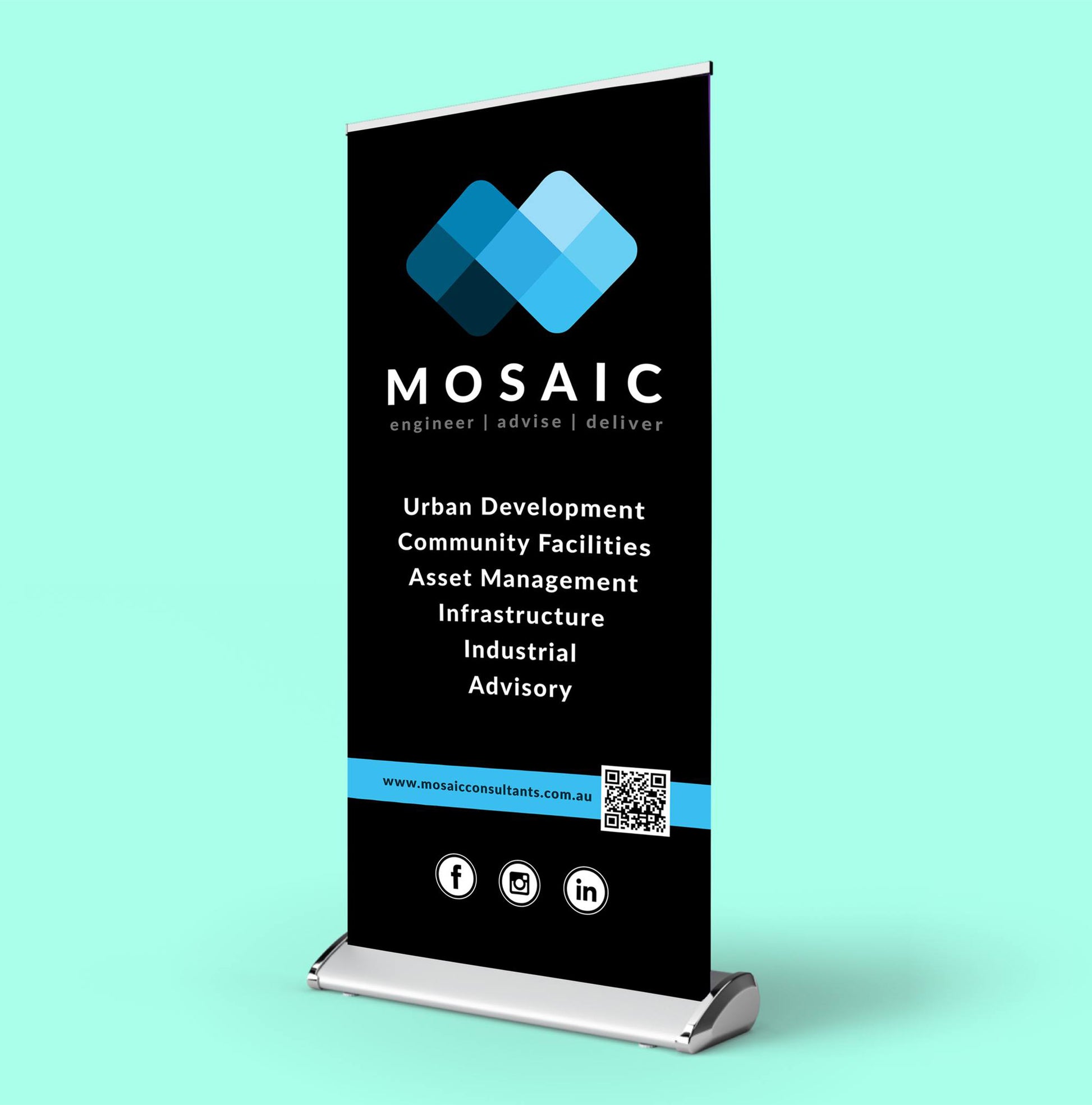 Mosaic banner stand with branding and services listed on a teal background