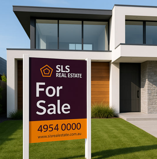 Real estate for sale sign printed on corflute