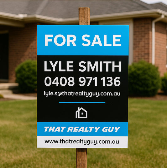Real estate for sale sign printed on corflute
