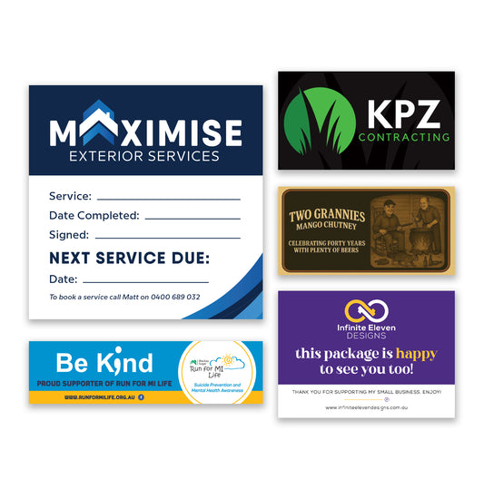 Collection of business cards for various companies in various sizes and shapes