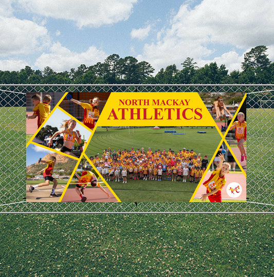 North Mackay Athletics vinyl banner with various athletic activities on a sports field.